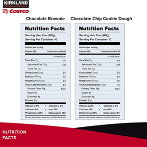 KIRKLAND - BARRA DE PROTEINA (CAJA DE 20 UNIDADES 10 BROWNIE Y 10 GALLETA CON CHISPAS DE CHOCOLATE) 60GR